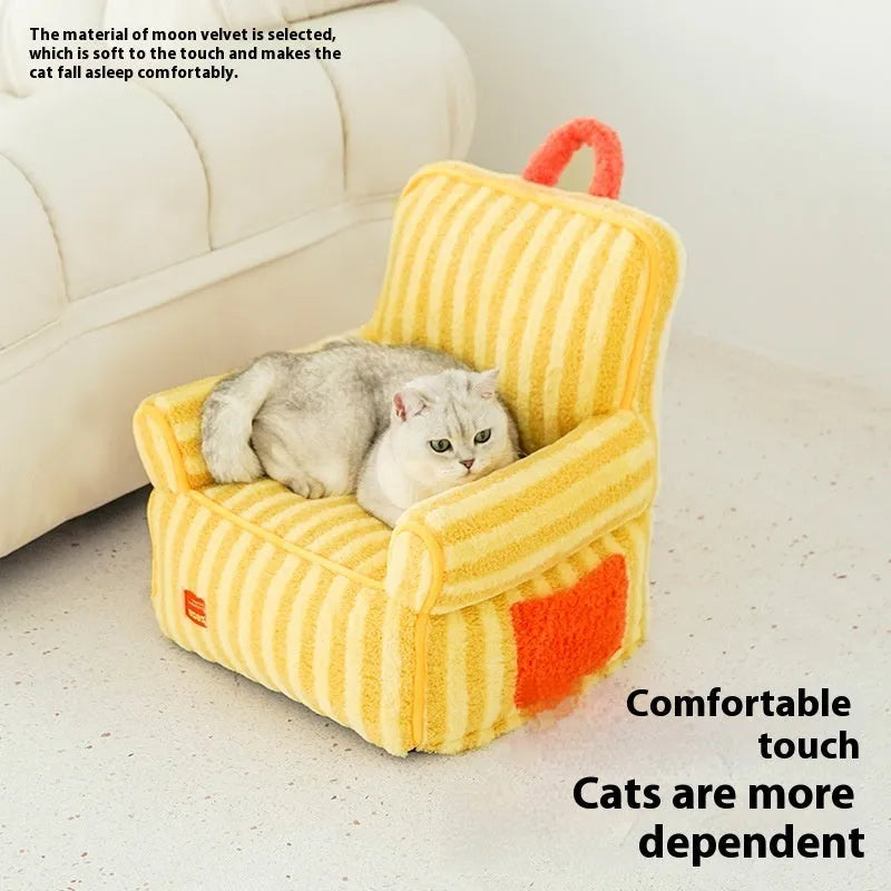 Striped orange plush pet bed for dogs or cats with a removable washable cover.