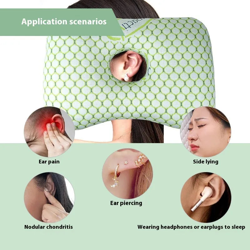 Beauty salon single hole ear pillow for adults in grey plaid pattern, showing dimensions.