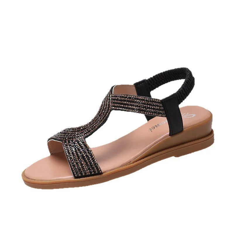 Women's gold PU patent leather beach sandals with rhinestone detail and non-slip sole.