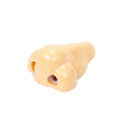 Flesh-coloured plastic manual pencil sharpener with a geometry shape, shown next to a pencil for scale.