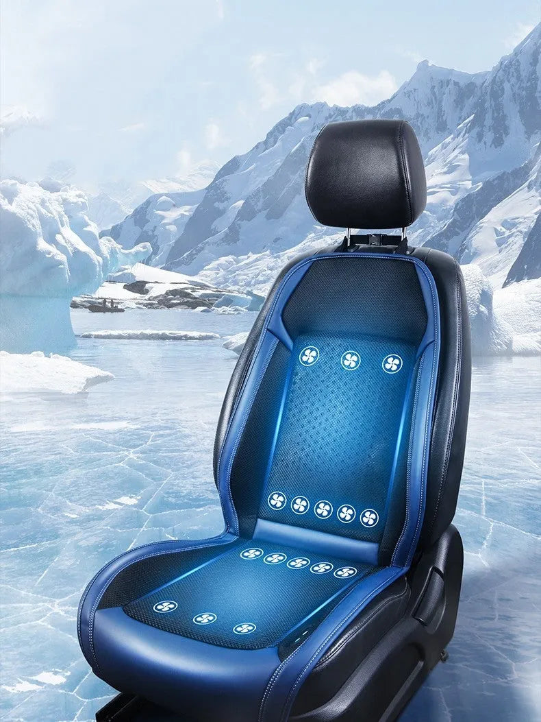 Black car seat cooling pad with USB cable connected for refrigeration and massage functions