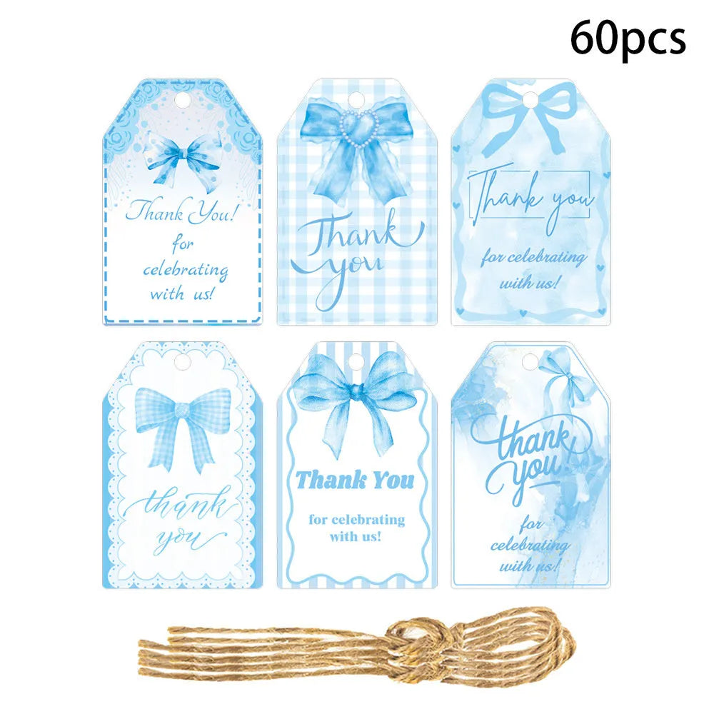 Set of 60 birthday gift tags with bowknot designs and natural hemp rope in three style variations