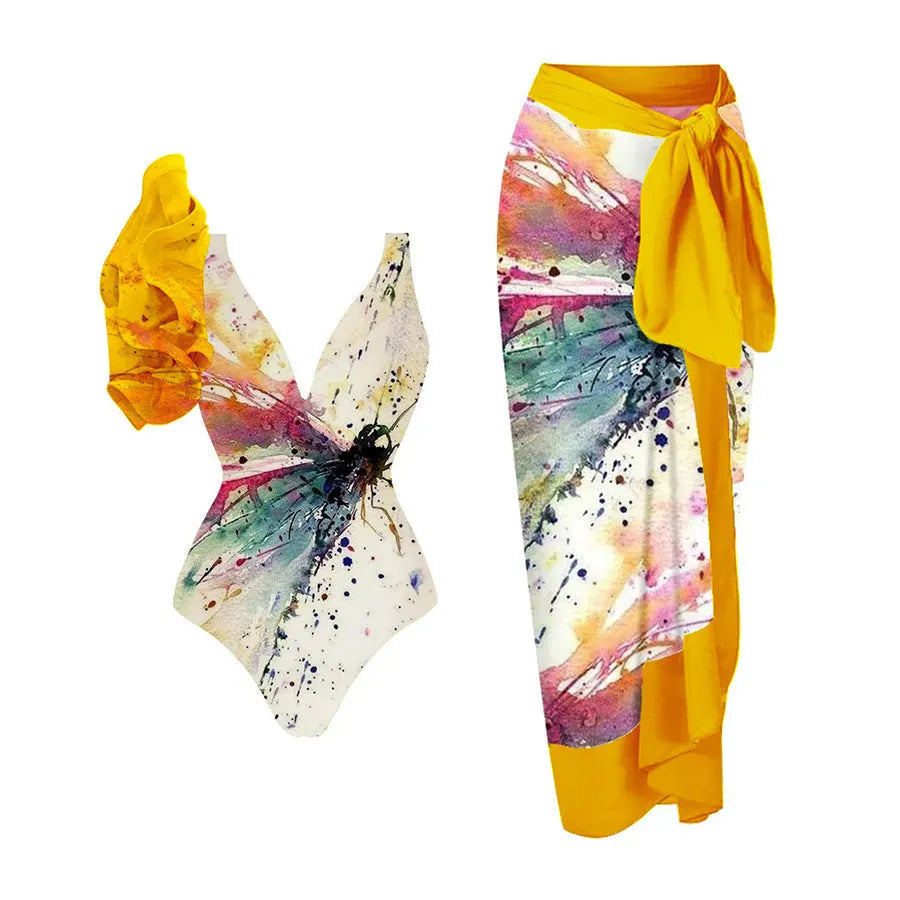 Yellow women's one-piece swimsuit with conservative torso coverage and bikini briefs on a mannequin.