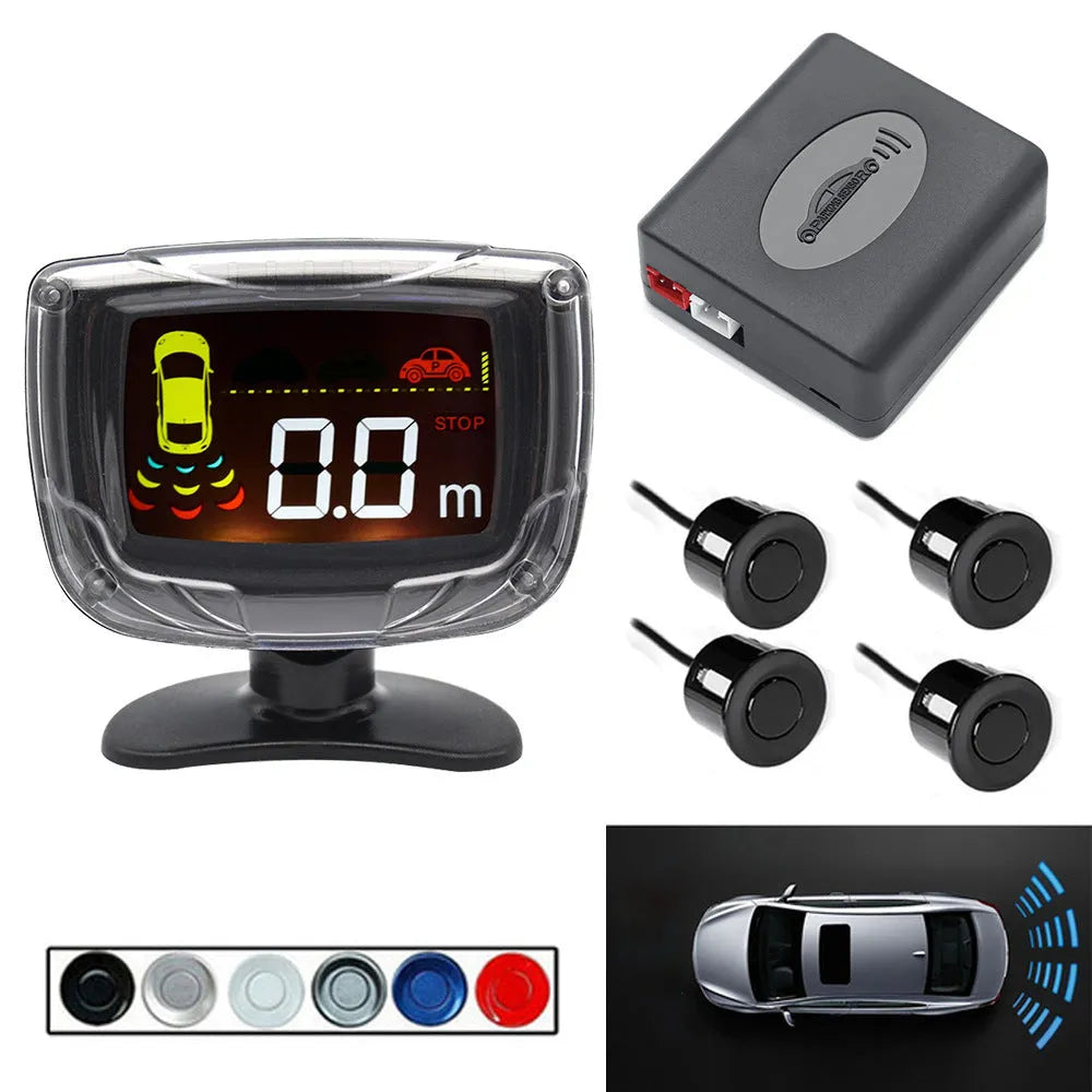 Wireless reversing sensor kit for cars with main unit, four ultrasonic probes, LED display, and installation tools.