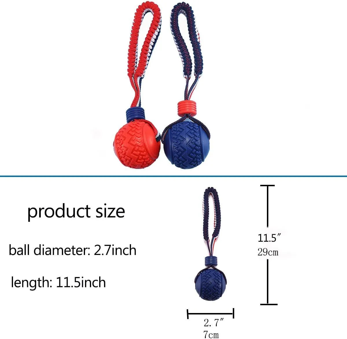 Blue rubber dog ball with rope attached, showing textured surface.