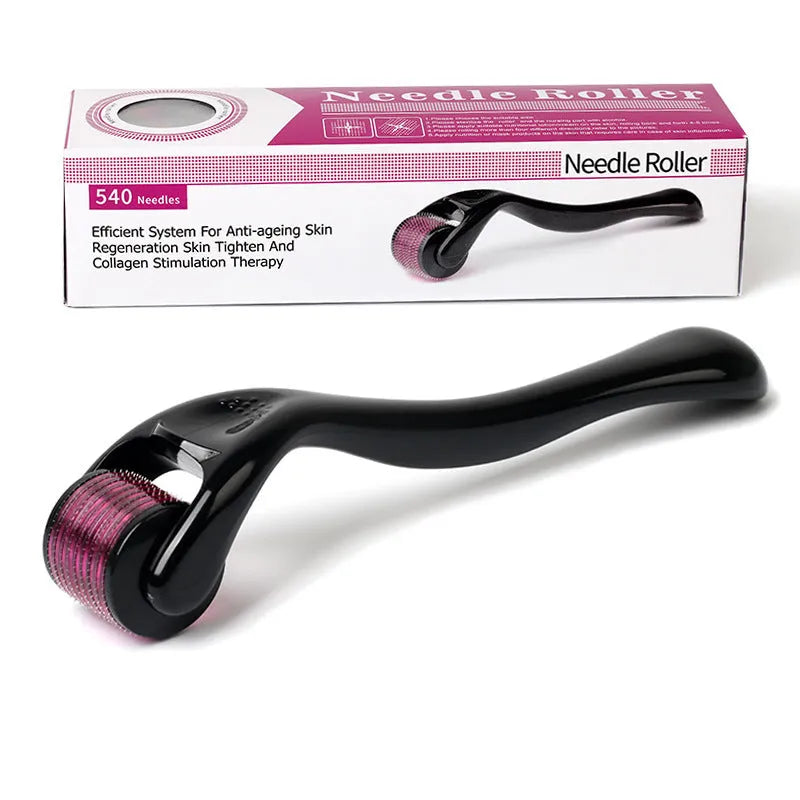 Black derma roller with titanium microneedle head and ergonomic handle, labelled with sizes A-F from 0.2mm to 1.0mm.