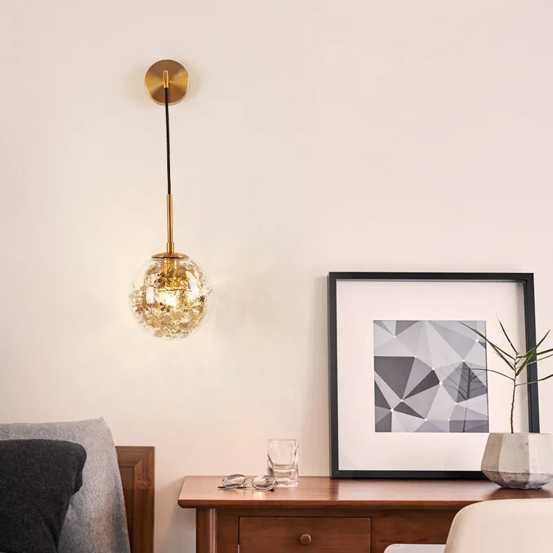 Modern simple glass wall bedside lamp in Golden Flower or Silver Flower finish, 15cm or 20cm size.