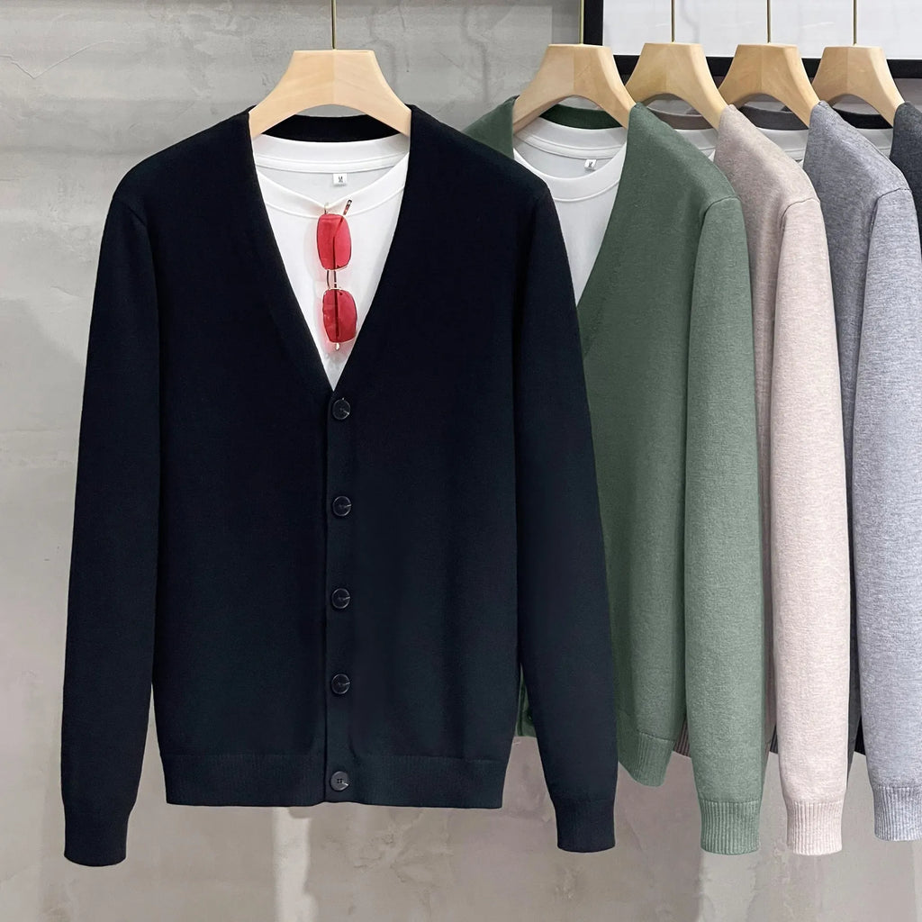 Men's cotton knitted cardigan sweater coat in black, V-neck, long sleeves, loose fit, winter casual wear.