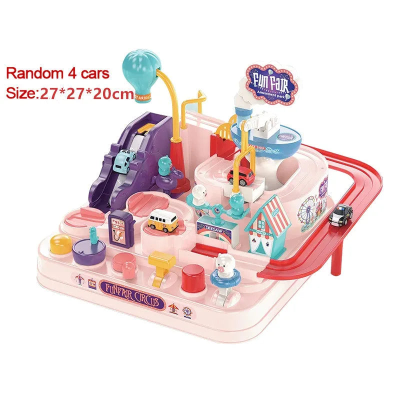Big Adventure plastic toy set with multi-level parking garage, car tracks, and toy vehicles laid out for play.