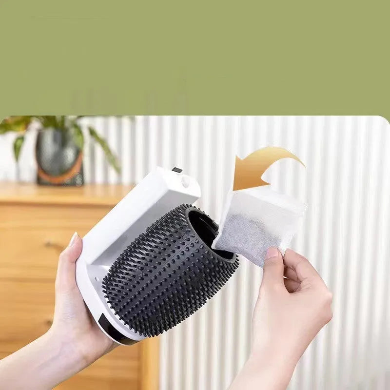 White automatic cat self groomer wall corner brush with USB cable and soft bristles
