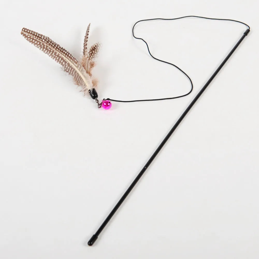 Wooden funny cat stick toy with large feathers and bell for interactive cat play