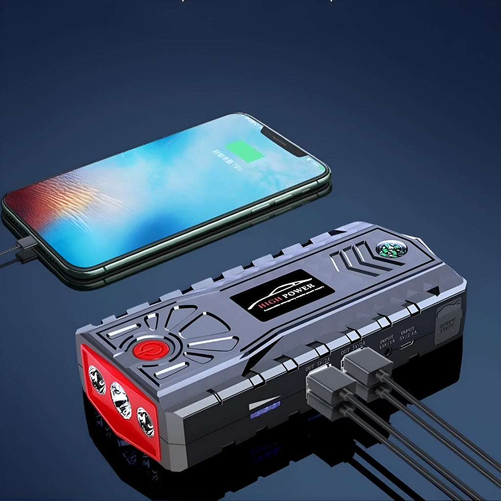 Portable automobile emergency jump starter in ABS toolbox with LED flashlight
