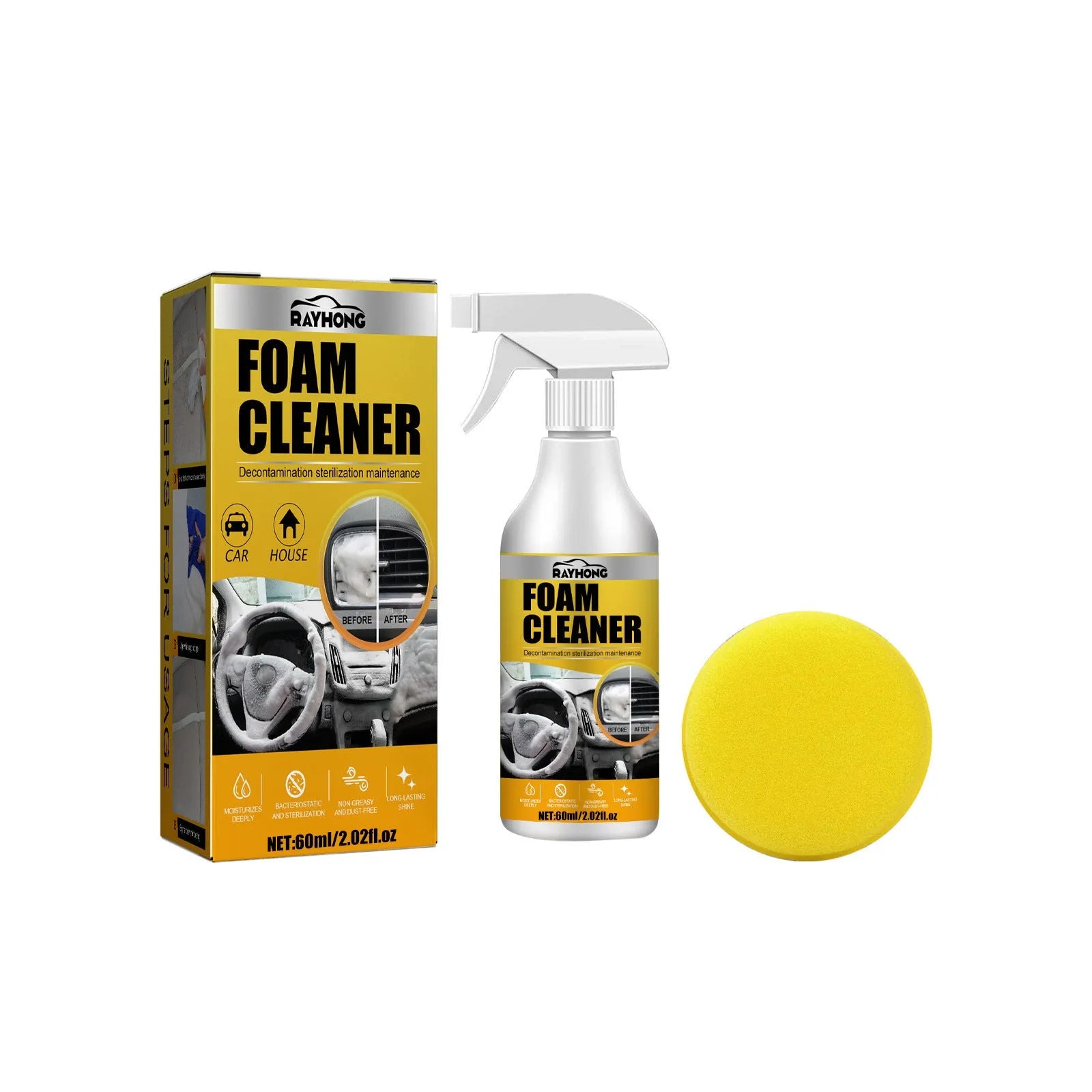 60ml car interior foamed cleaner with application sponge in 6x6x11cm packaging