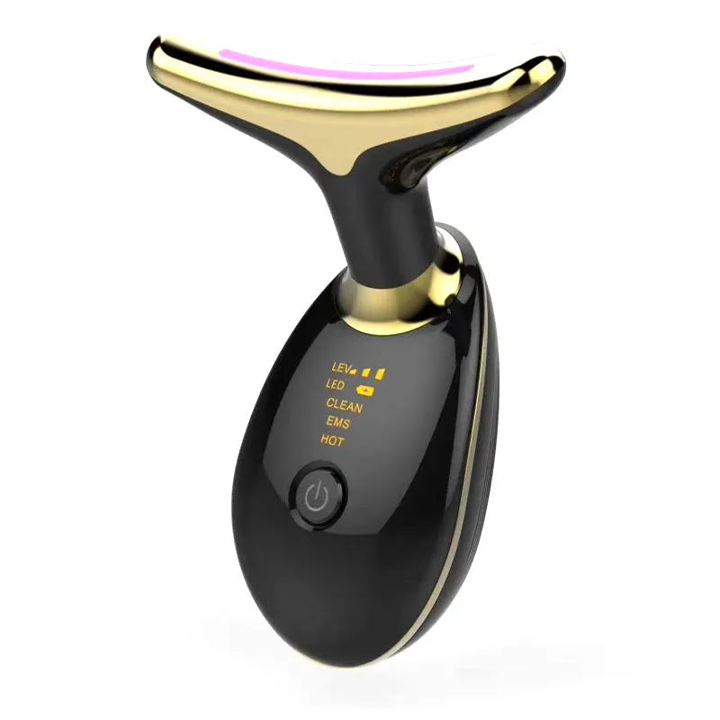 Black silver EMS neck massager with LED lights for skin tightening and wrinkle reduction