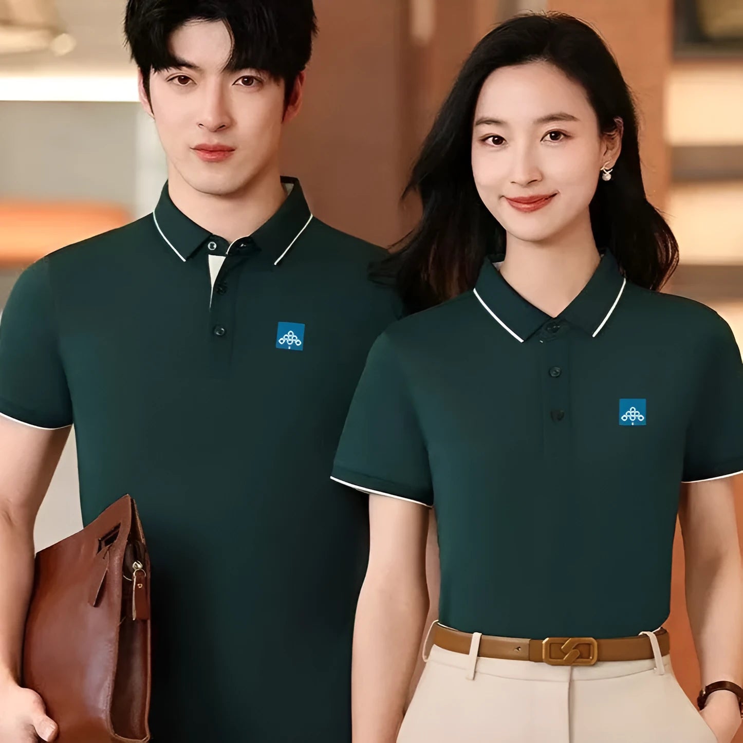 Men's light blue asymmetric overalls-style polo shirt on hanger showing cotton blend summer fabric