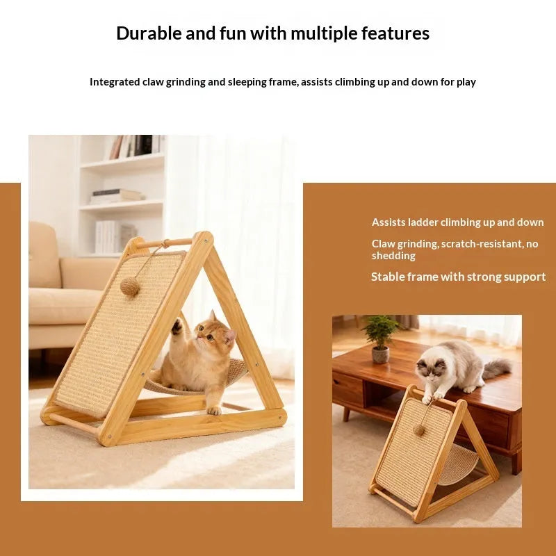Minimalist all-in-one solid pine wood cat tree with triangle hammock scratch board