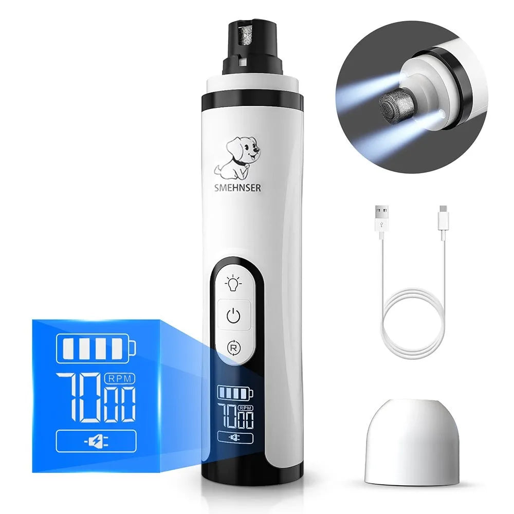 Automatic electric nail trimmer for dogs with LCD screen and three-speed settings on a table