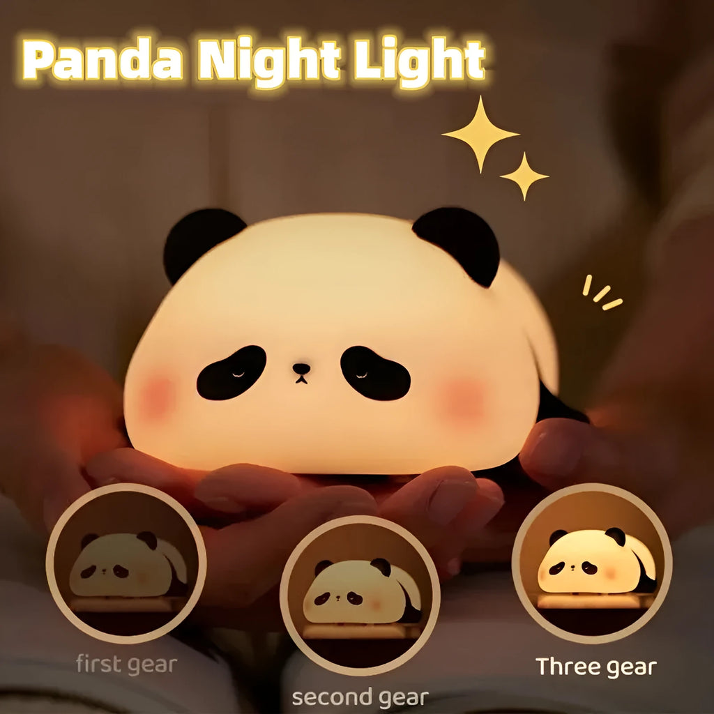 Cartoon panda night light with USB charging cable and warm white LED glow