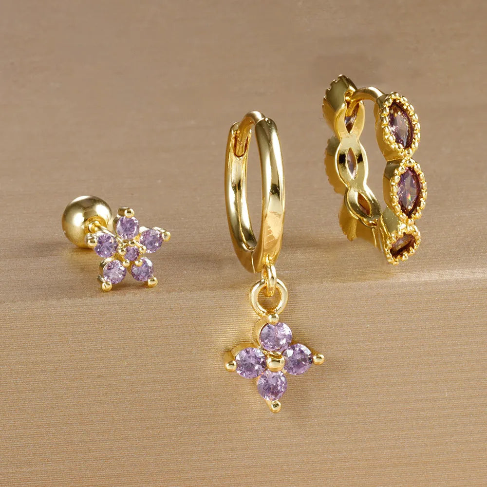 Crystal flowers geometric cartilage earrings set on copper with electroplated gold finish