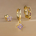 Crystal flowers geometric cartilage earrings set on copper with electroplated gold finish