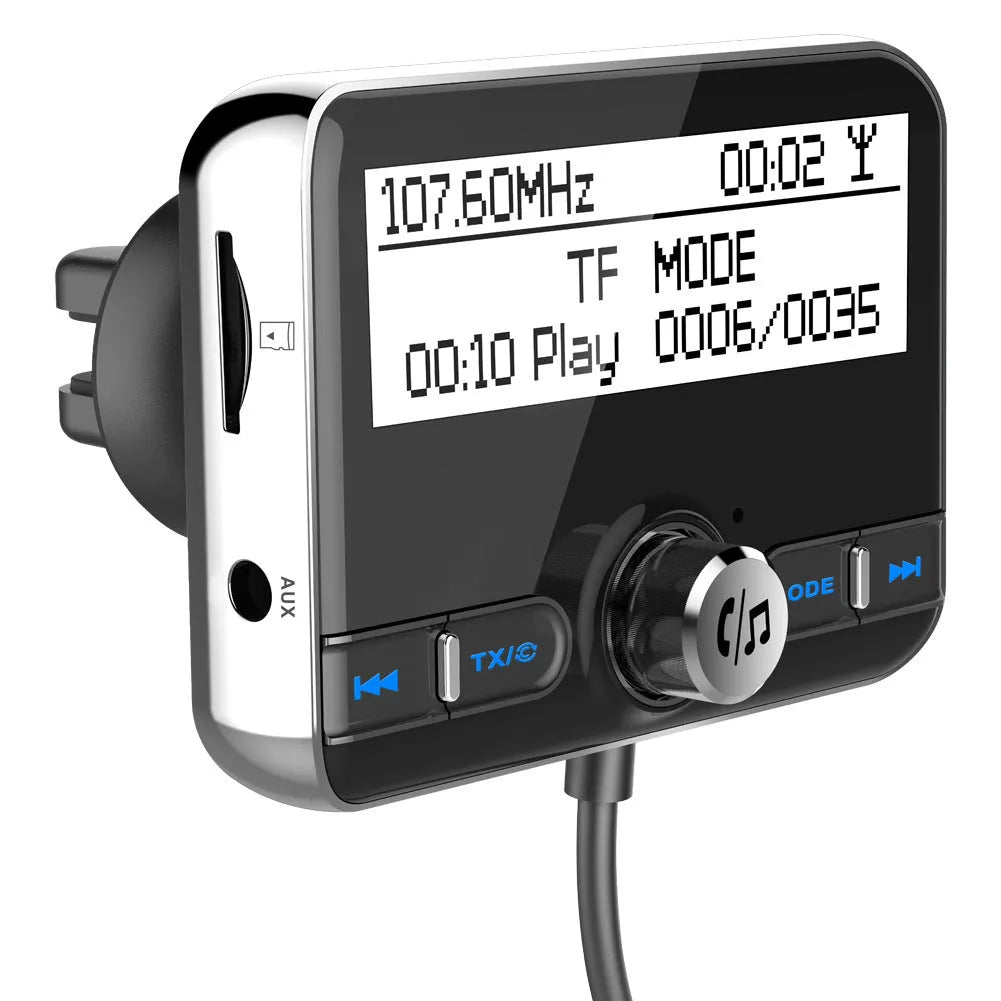 2.4 inch car DAB digital radio adapter with LCD screen and black ABS plastic casing on a car dashboard