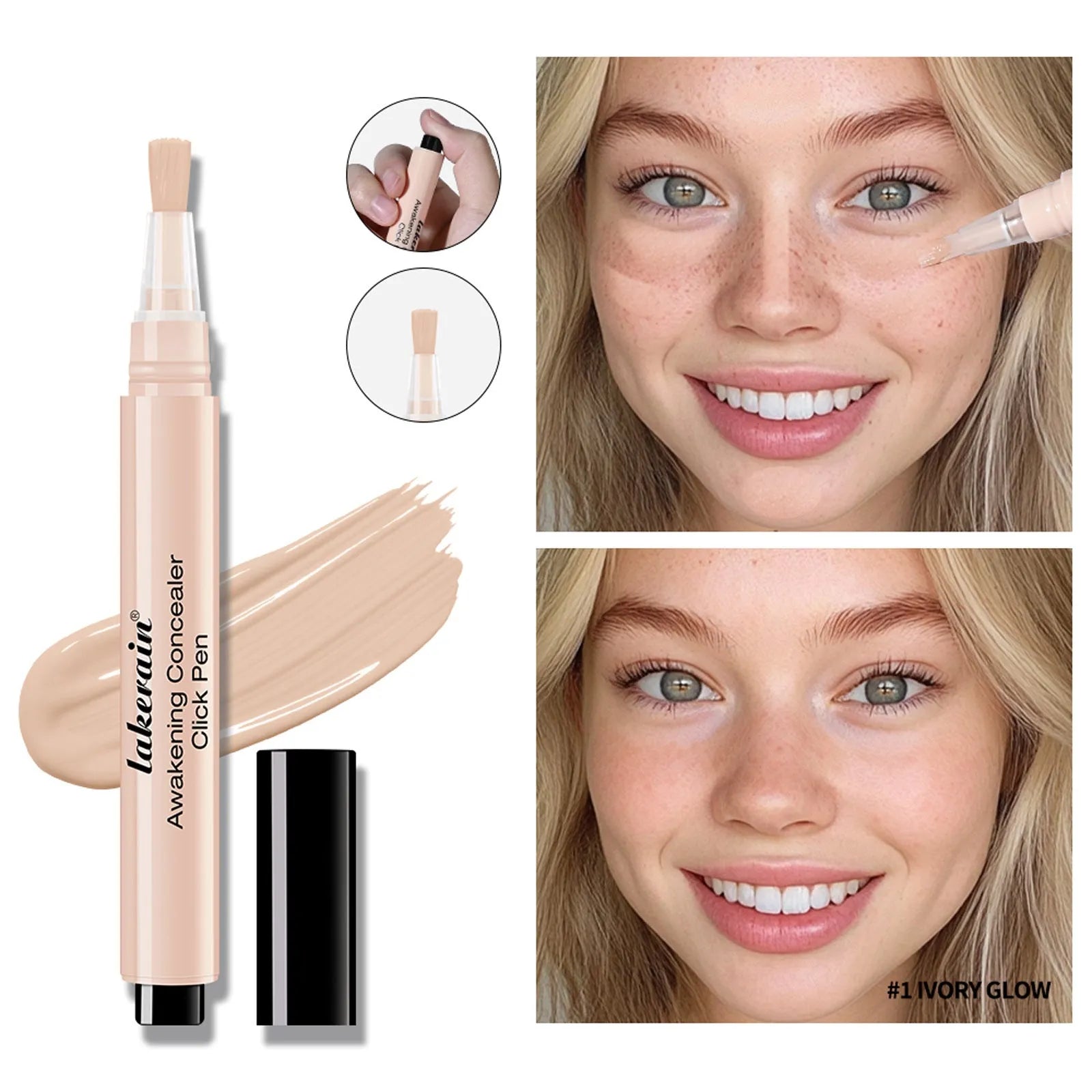 Brightening concealer pen in 18g with moisturising formula, available in three shades: Ivory Glow, Warm Beige, Rich Chestnut