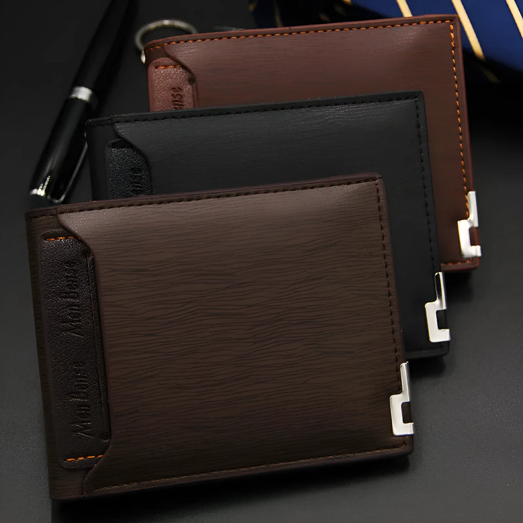 Men's short wallet with iron-edge card-picking in black, dark coffee or light coffee PU material