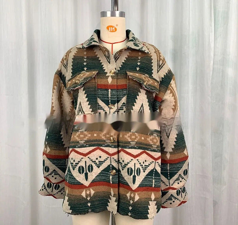 Women's loose fit retro jacket with Aztec print in wool blend fabric, shown in Army Green colour.