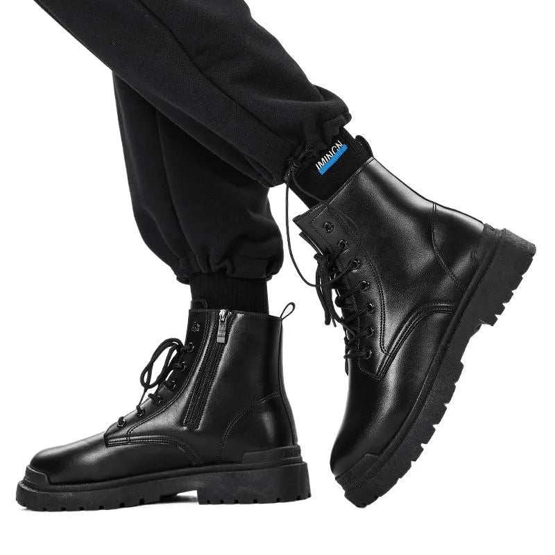 Men's black mid-top waterproof boots with rubber soles and PU leather uppers on a white background.