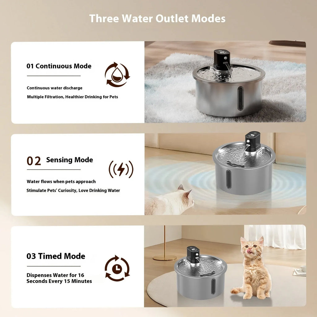 Stainless steel pet water fountain with a white constant temperature heating base on a wooden floor.
