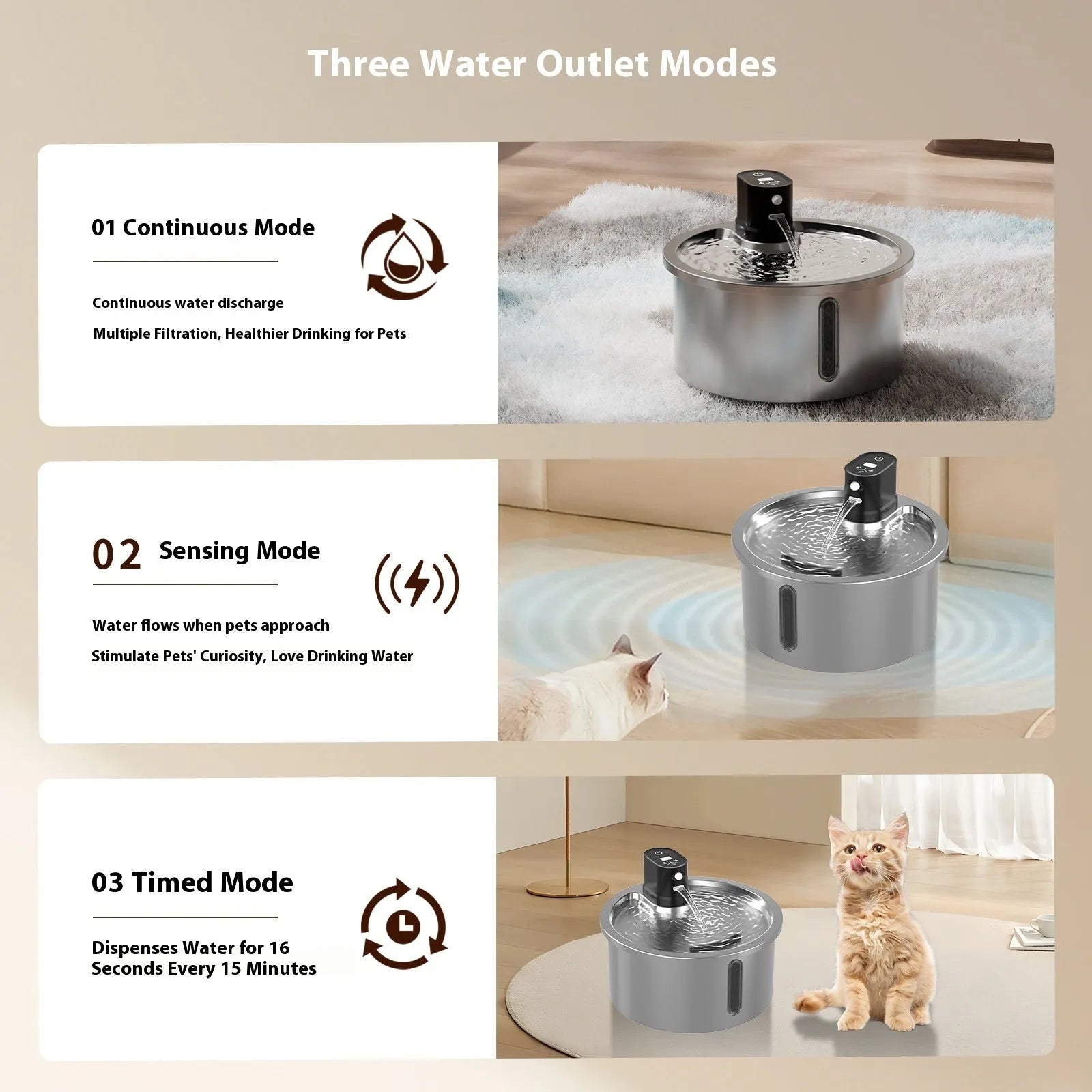 Stainless steel pet water fountain with a white constant temperature heating base on a wooden floor.