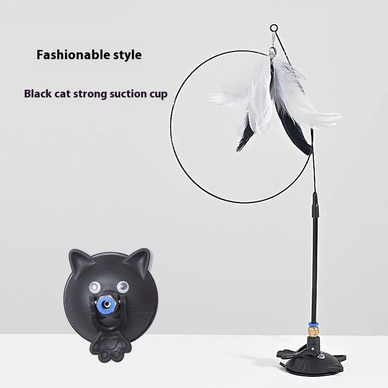 Cat teaser stick toy with suction cup base and colourful interchangeable head attachments