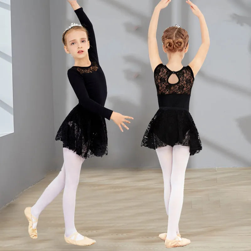 Girls short-sleeve ballet practice dress in Lycra cotton with lace trim available in black pink wine red