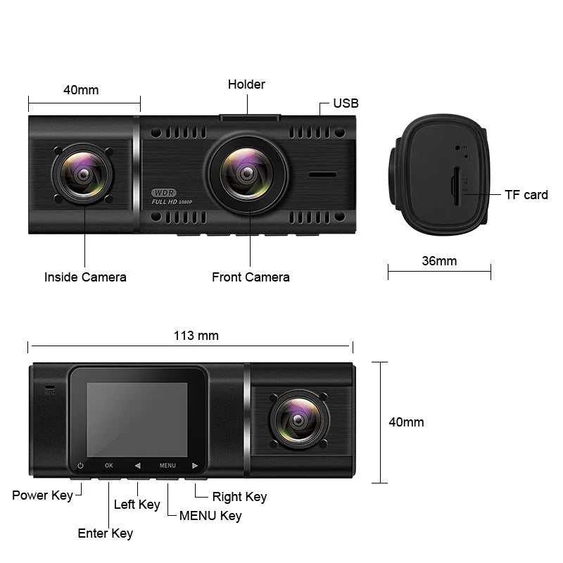 Black dual-channel car dash cam with 1.5-inch screen, front and rear cameras, mounted on a windscreen.