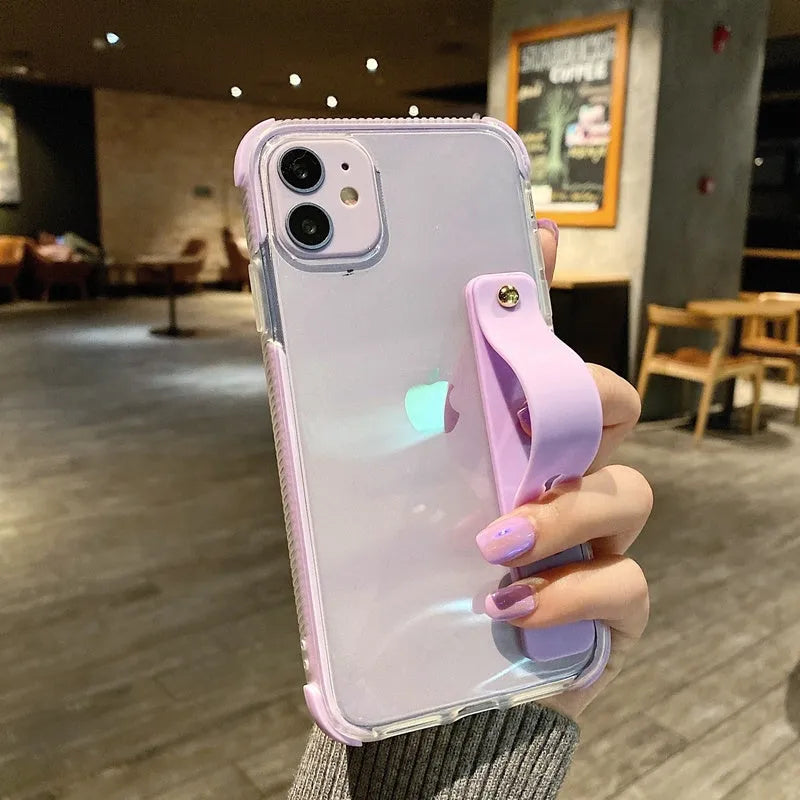 Clear two-tone silicone phone case with a built-in stand, shown in various colours.