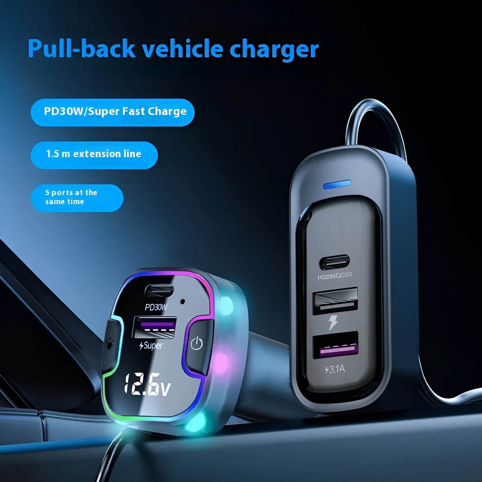 YQ8 black car PD fast charger with five ports for front or rear vehicle installation