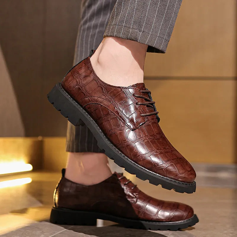 British style men's casual dress shoes round head low top artificial PU non-slip rubber sole black brown