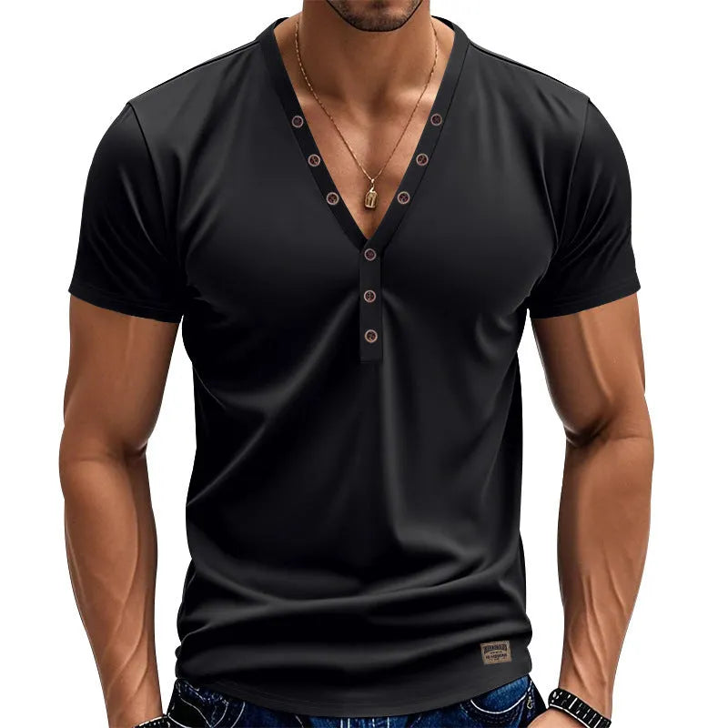 Men's loose V-neck T-shirt with button detailing in Chemical Fibre blend fabric