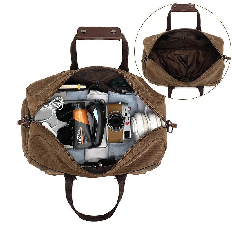 Large capacity crossbody travel bag in canvas material with sewing line details and polyester lining