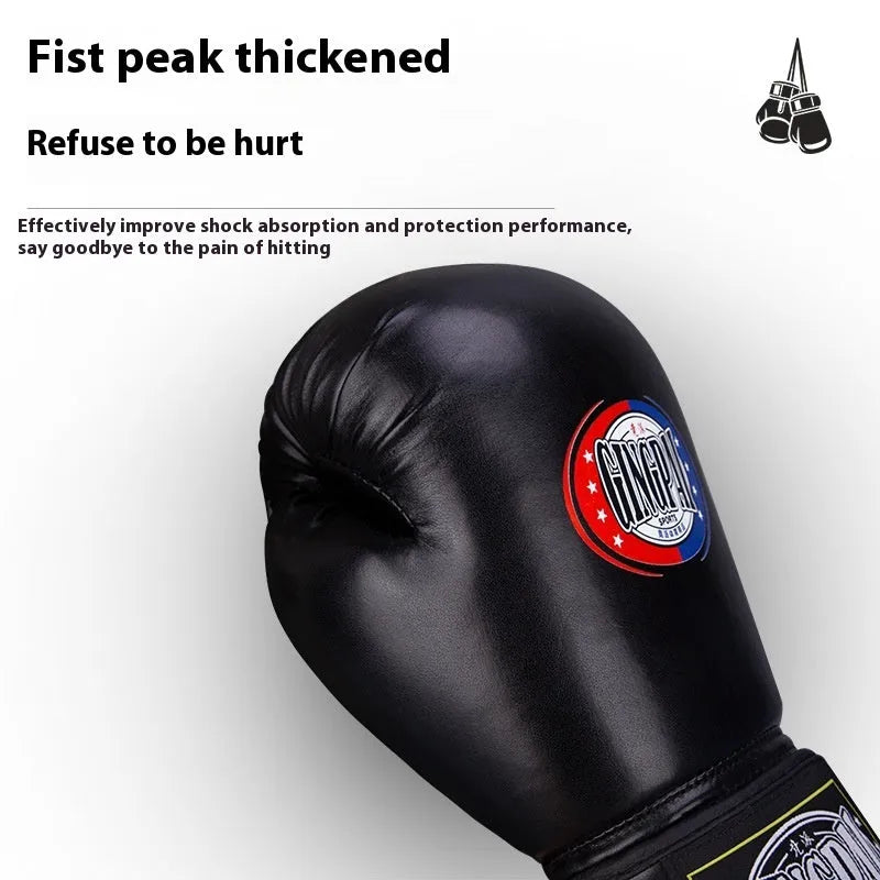 Pair of professional PU training boxing gloves in a vertical style on a coloured background.