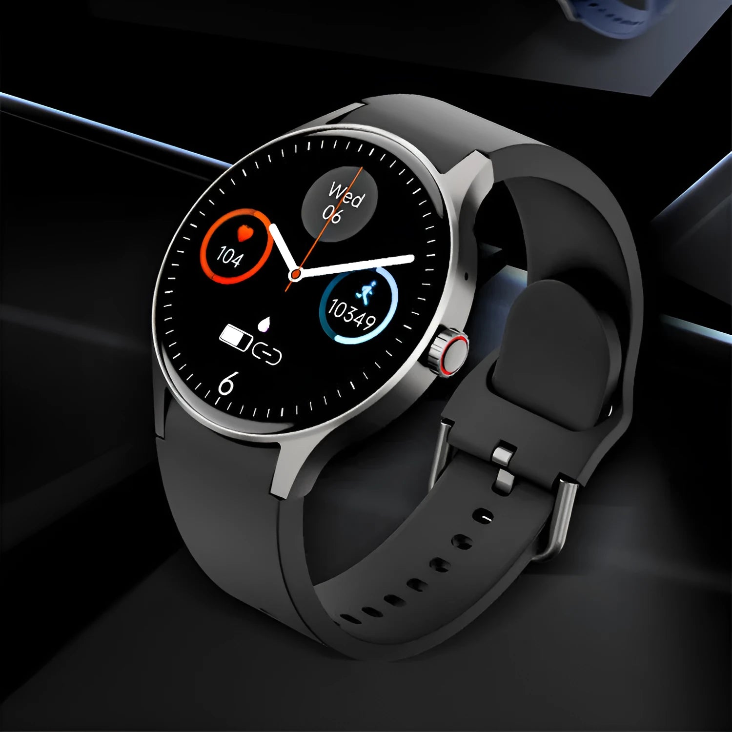Black Bluetooth sport watch with 1.43-inch round screen on a wrist, showing a fitness app display.