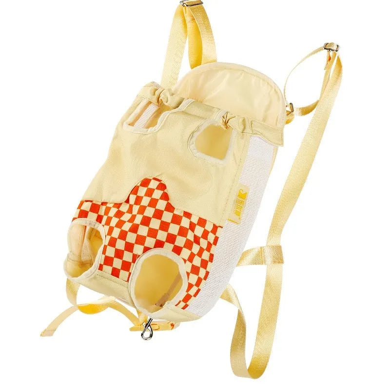 Soft polyester pet backpack with transparent window panel showing cat inside, front pocket, and adjustable straps