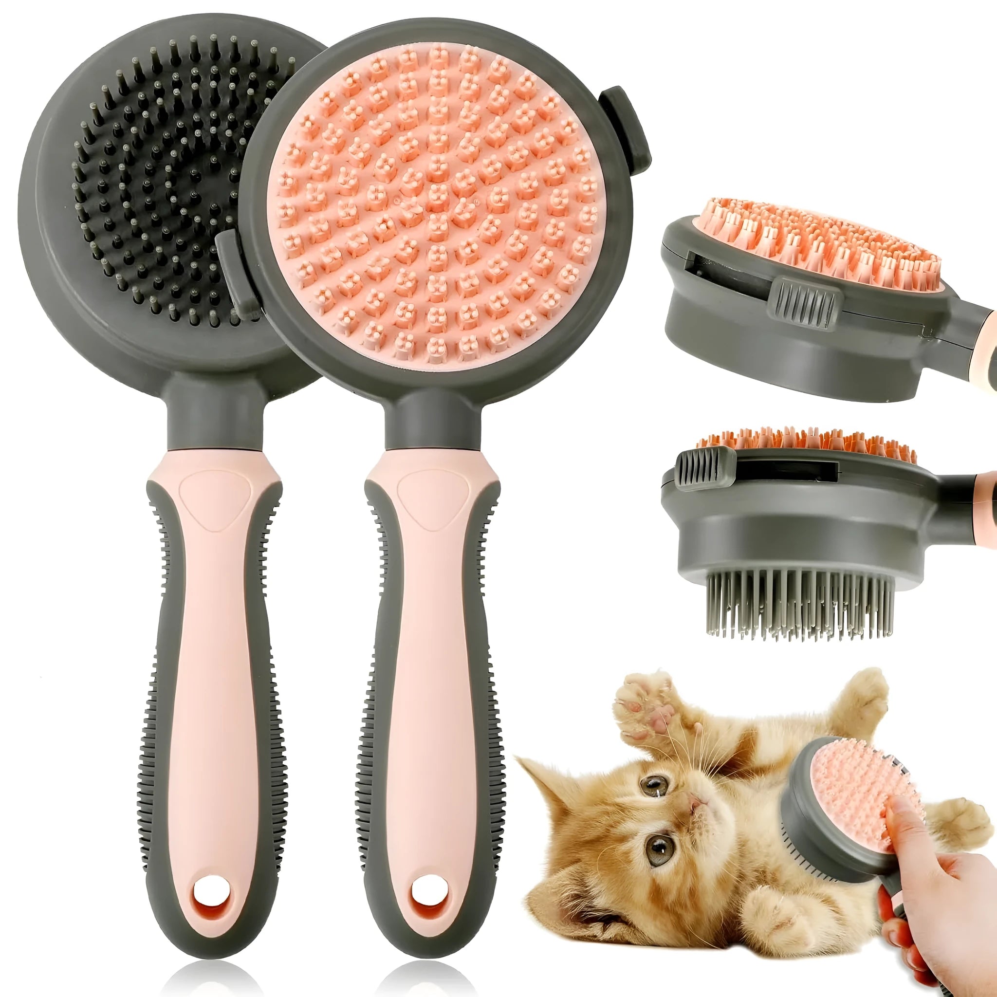 Pink and green double sided cat grooming brush showing slicker brush and flea comb sides with release button.