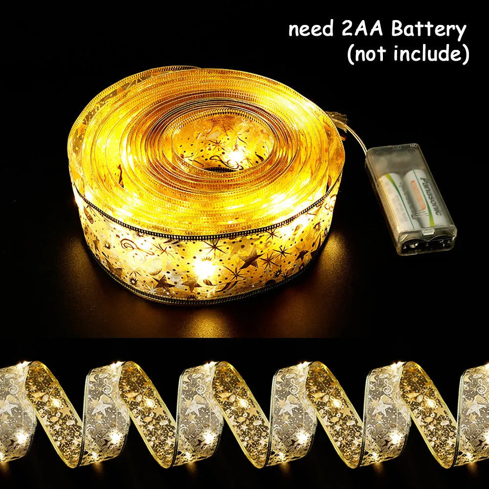 LED fairy lights string with cloth ribbon bow tie decoration in gold or silver colour options