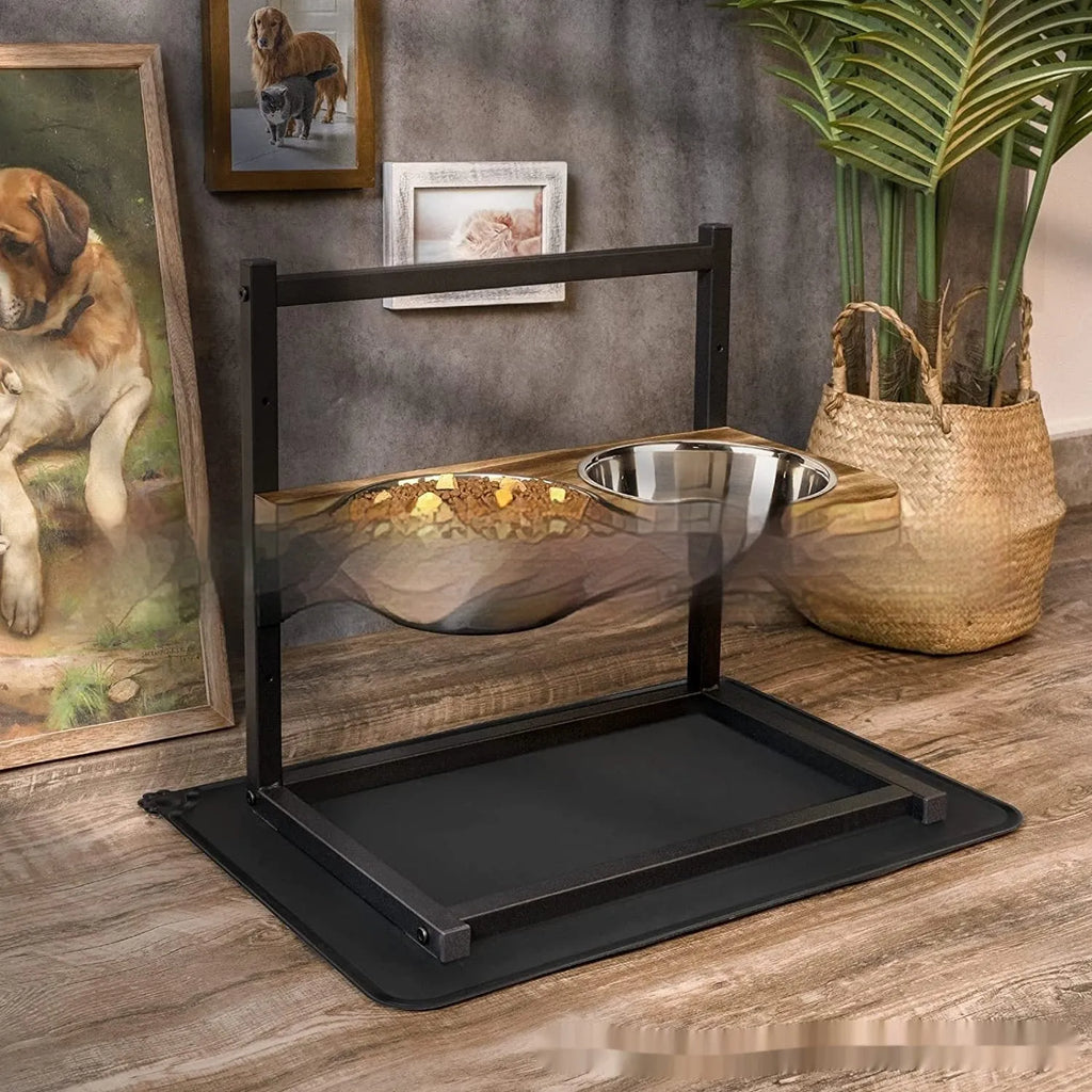 Black iron dog bowl rack stand holding three different sized pet bowls