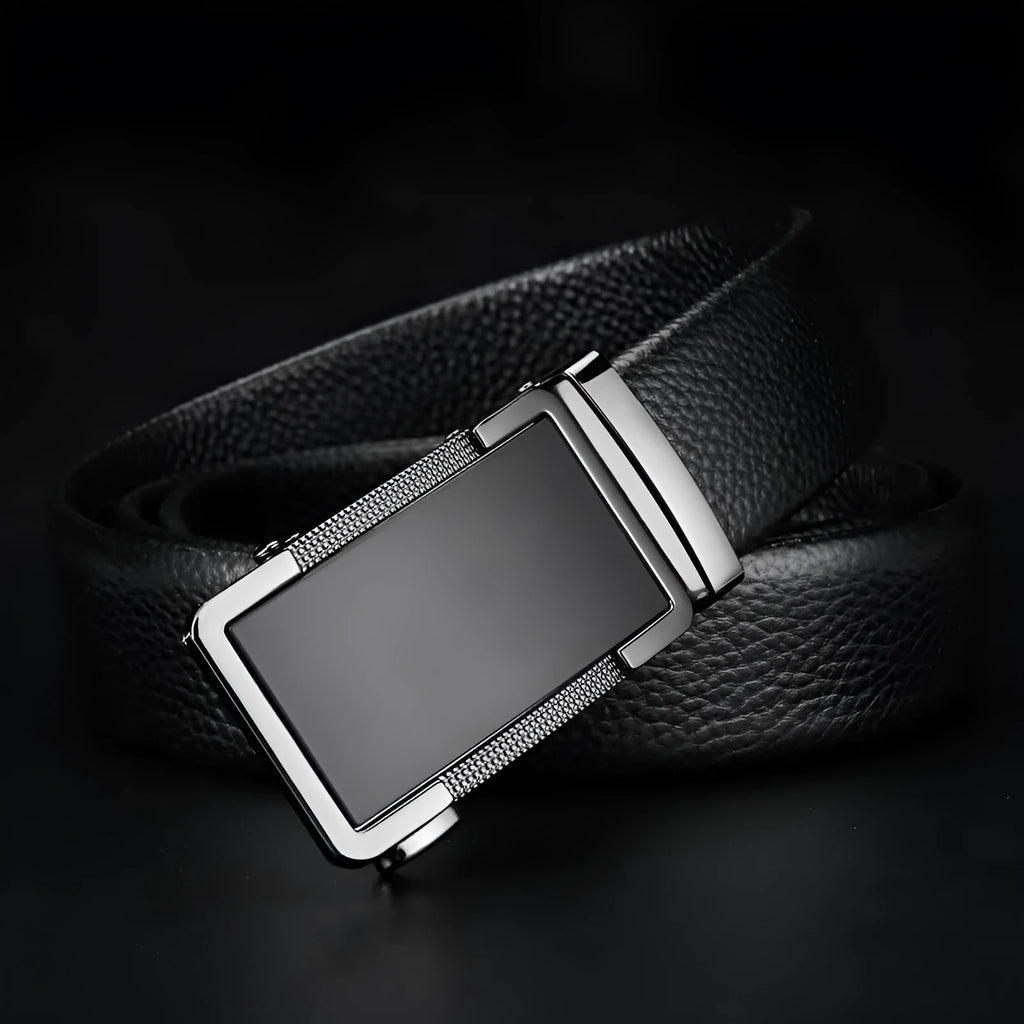 Men's automatic buckle leather belt in gun black, silver, and gold colour options showing the alloy buckle.