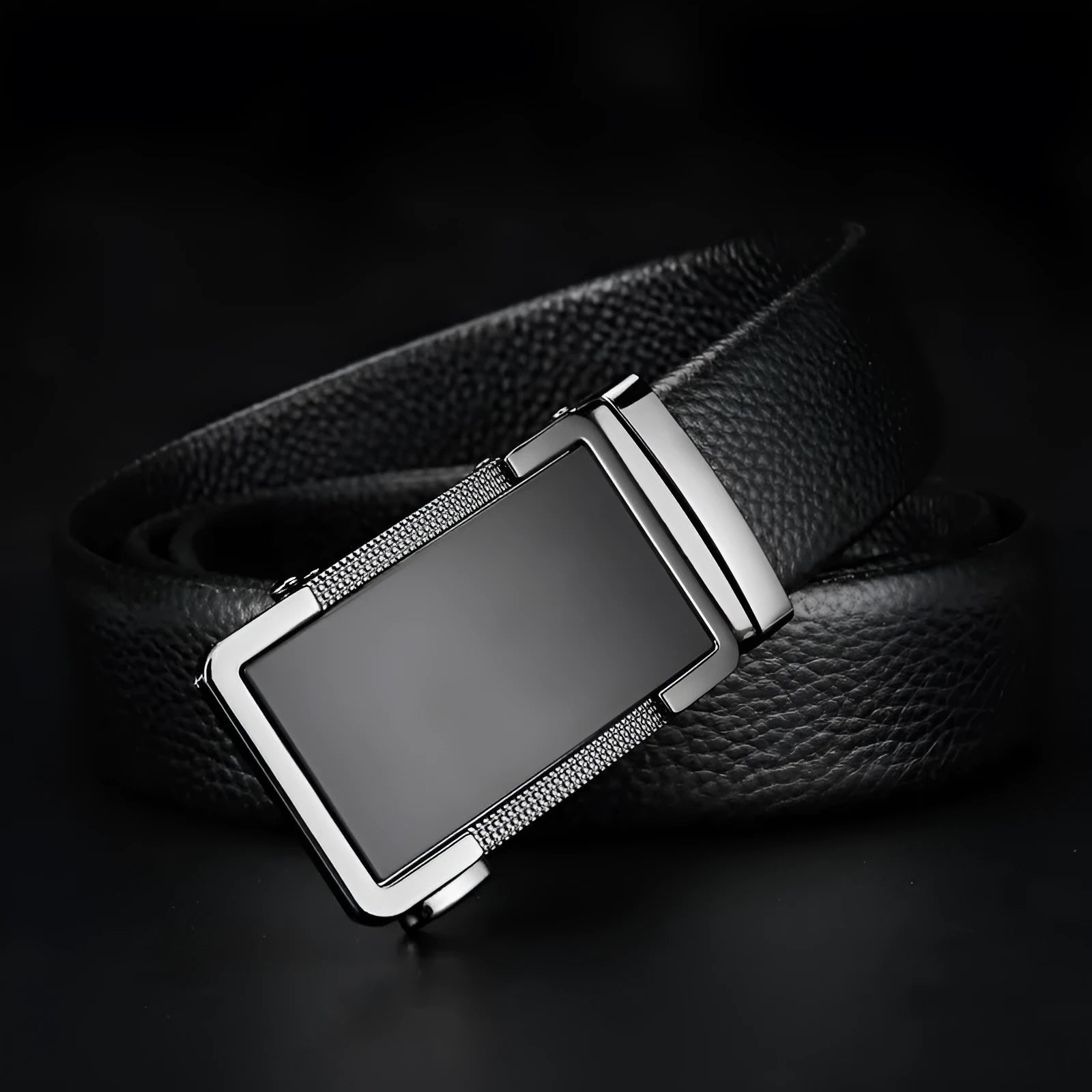 Men's automatic buckle leather belt in gun black, silver, and gold colour options showing the alloy buckle.