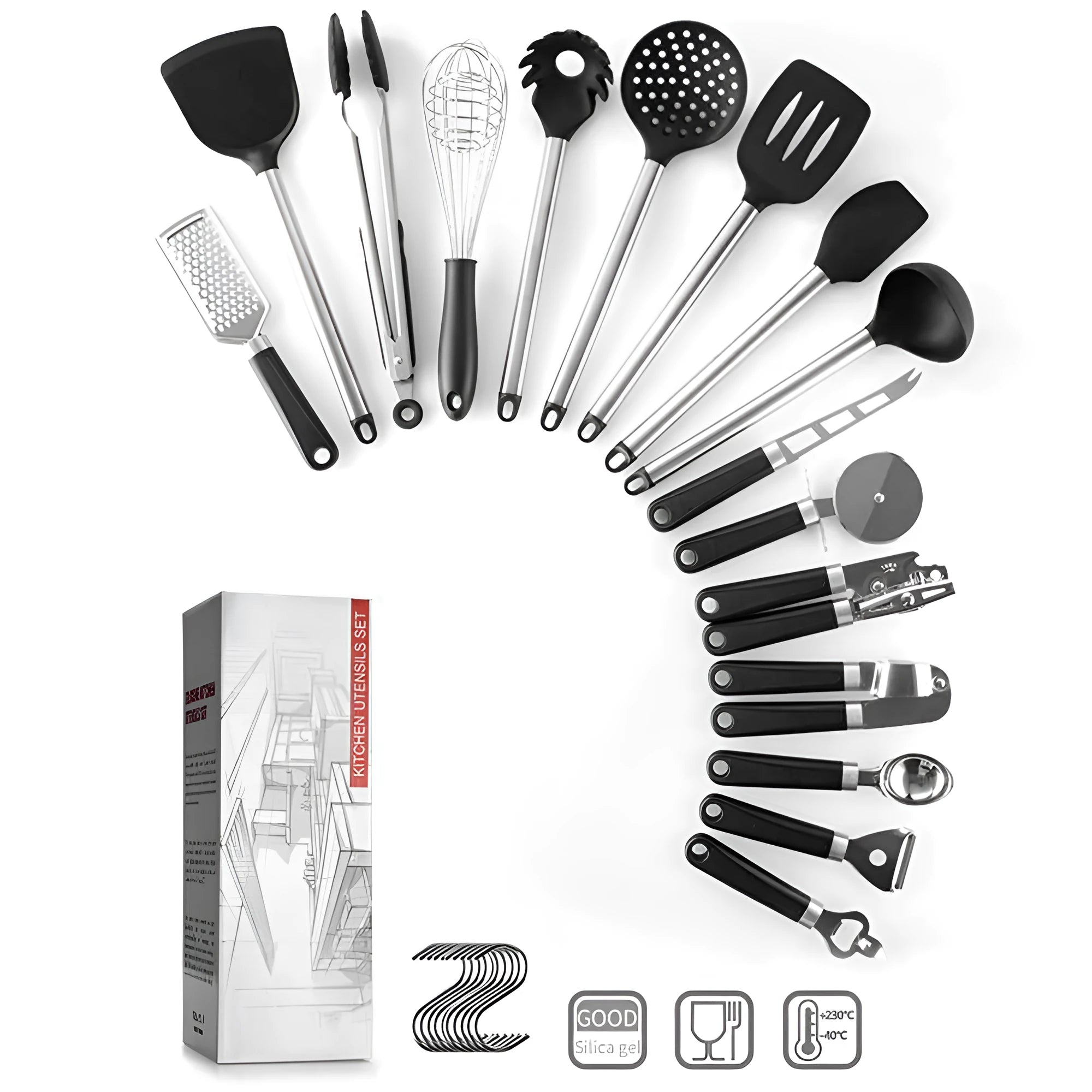 Black silicone spatula and spoon kitchen utensil set with stainless steel handles - 16 pieces