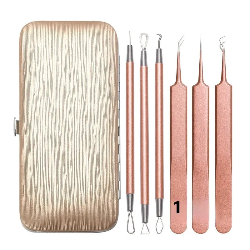Six-piece stainless steel acne needle set in rose gold finish for blackhead and pimple removal