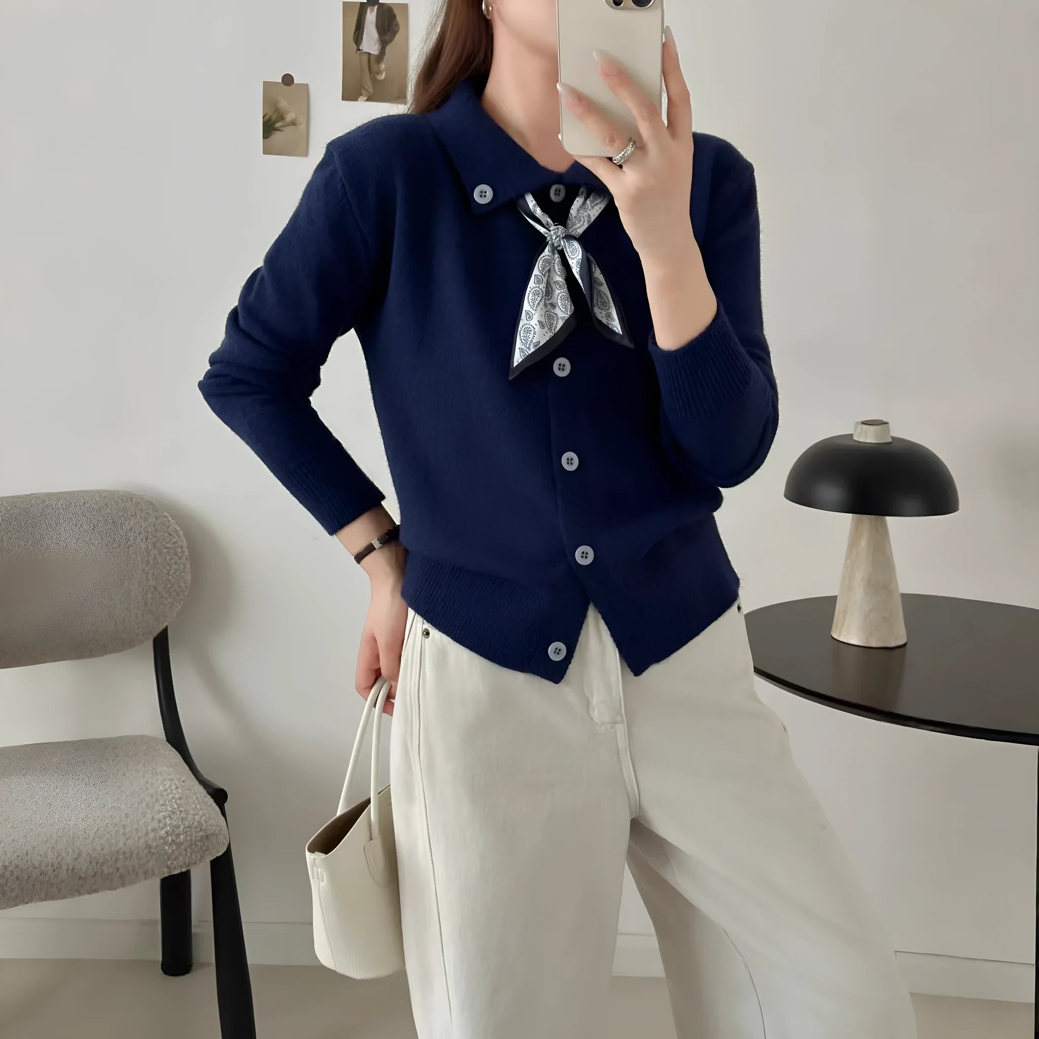 Beige lapel scarf sweater cardigan with splicing design and long sleeves